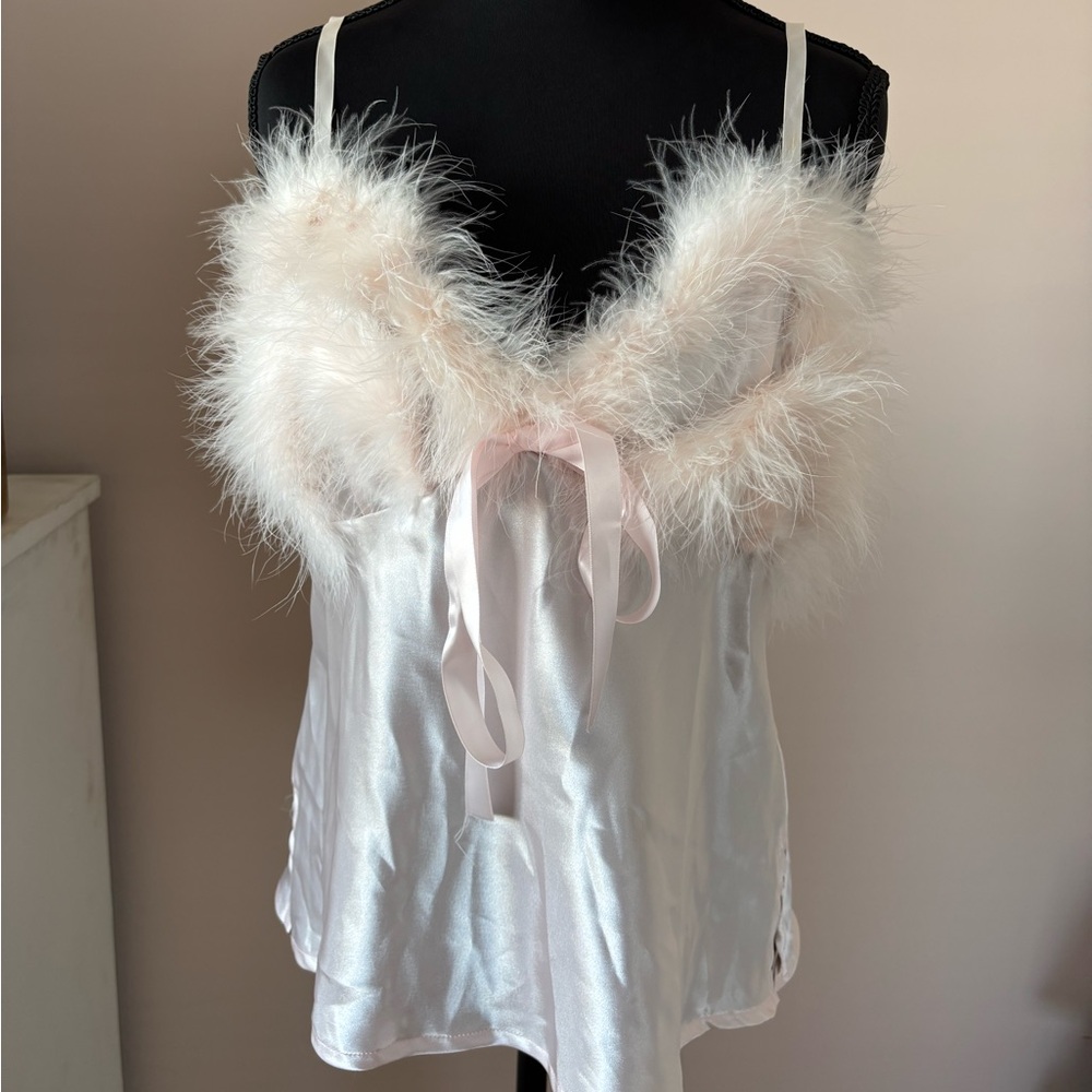 Pink Feather Trim Satin Camisole